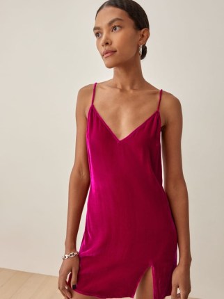 Reformation Lyza Velvet Dress in Rhubarb | pink split hem short length slip dresses