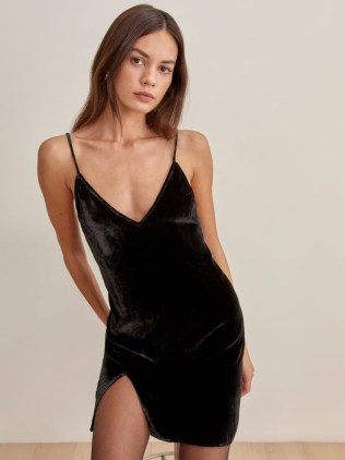 Reformation Lyza Velvet Dress in Black – luxe spaghetti strap mini dresses - flipped