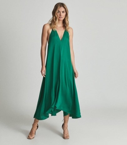REISS MABEL PLUNGE NECK MAXI DRESS GREEN ~ fluid fabric plunge front evening occasion dresses - flipped