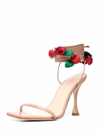 Magda Butrym rose embellished wrap tie sandals in beige-nude | square toe barely there floral ankle-wrap high heels - flipped