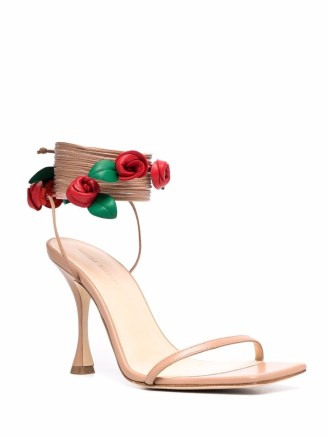 Magda Butrym rose embellished wrap tie sandals in beige-nude | square toe barely there floral ankle-wrap high heels
