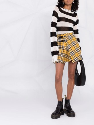 Maje tartan check pleated skirt in yellow white black | asymmetric buckle detail check print skirts - flipped
