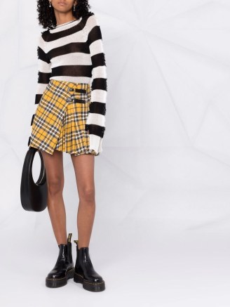 Maje tartan check pleated skirt in yellow white black | asymmetric buckle detail check print skirts