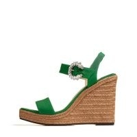 JIMMY CHOO MIRABELLE 110 Malachite Grosgrain Fabric Wedges with Crystal Buckle | green embellished buckle wedged sandals | luxe wedge heel shoes