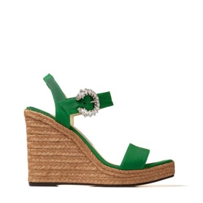 JIMMY CHOO MIRABELLE 110 Malachite Grosgrain Fabric Wedges with Crystal Buckle | green embellished buckle wedged sandals | luxe wedge heel shoes - flipped