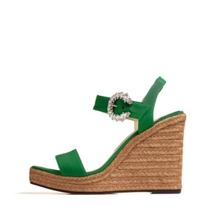 JIMMY CHOO MIRABELLE 110 Malachite Grosgrain Fabric Wedges with Crystal Buckle | green embellished buckle wedged sandals | luxe wedge heel shoes
