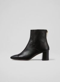 L.K. BENNETT MAXINE BLACK LEATHER STITCH-DETAIL ANKLE BOOTS ~ square toe back zip boots