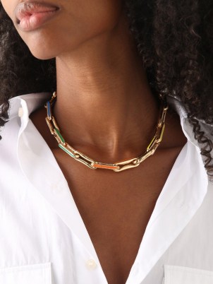 LAUREN RUBINSKI Enamel & 14kt gold link-chain necklace ~ chunky multicolored necklaces ~ womens fine statement jewellery