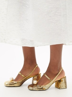 MIU MIU Faux pearl-embellished gold sequinned leather pumps ~ luxe sequin block heel slingbacks ~ vintage style glamour - flipped