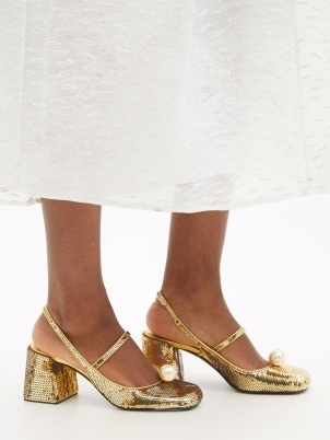 MIU MIU Faux pearl-embellished gold sequinned leather pumps ~ luxe sequin block heel slingbacks ~ vintage style glamour