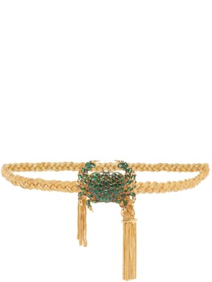 BEGUM KHAN Galene green crystal crab & 24kt gold-plated belt – luxe belts – womens sea inspired accessories