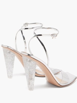 GIANVITO ROSSI Odyssey 105 glitter-plexi and leather sandals in silver | luxe clear strap party shoes | sparkly cone shaped evening heels - flipped