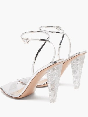 GIANVITO ROSSI Odyssey 105 glitter-plexi and leather sandals in silver | luxe clear strap party shoes | sparkly cone shaped evening heels