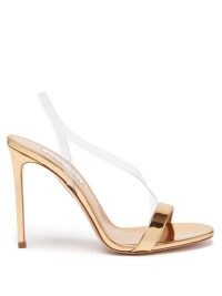AQUAZZURA Perfect Kiss 105 gold metallic-leather sandals – clear asymmetric strap slingbacks – glamorous party stiletto heels
