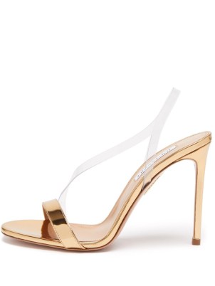AQUAZZURA Perfect Kiss 105 gold metallic-leather sandals – clear asymmetric strap slingbacks – glamorous party stiletto heels - flipped