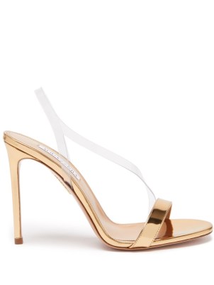 AQUAZZURA Perfect Kiss 105 gold metallic-leather sandals – clear asymmetric strap slingbacks – glamorous party stiletto heels