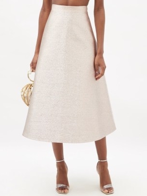 EMILIA WICKSTEAD Sage metallic-woven circle midi skirt in rose gold – shimmering full evening occasion skirts – luxe party fashion