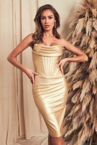 LAVISH ALICE metallic vegan leather corset midi dress in gold ~ luxe evening look ~ glamorous party fashion ~ strappless fitted bodice dresses ~ high octane glamour