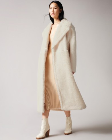 TED BAKER EMILIYY Mixed Fabric Faux Fur Cocoon Coat Ivory ~ womens luxe style longline winter coats - flipped