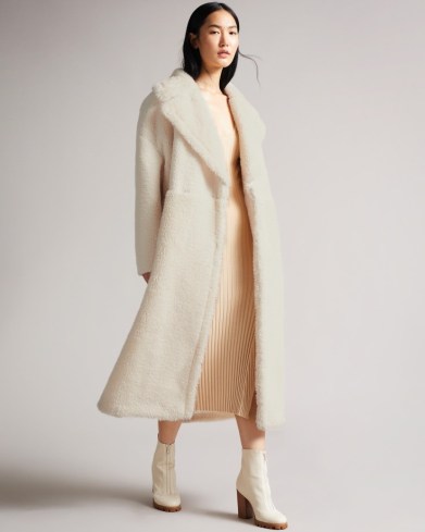 TED BAKER EMILIYY Mixed Fabric Faux Fur Cocoon Coat Ivory ~ womens luxe style longline winter coats