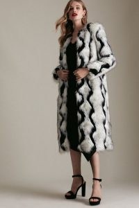 KAREN MILLEN Mixed Faux Fur Long Coat in Mono – glamorous black and white retro winter coats – women’s glam vintage style outerwear