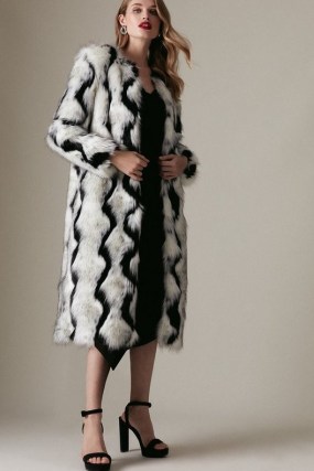 KAREN MILLEN Mixed Faux Fur Long Coat in Mono – glamorous black and white retro winter coats – women’s glam vintage style outerwear - flipped