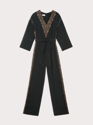 JIGSAW Mixed Lace Trim Jumpsuit in Black ~ luxe style tie waist evening jumpsuits ~ effortless party glamour ~ chic occasion fashion - flipped