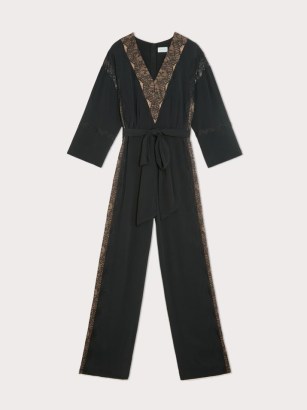 JIGSAW Mixed Lace Trim Jumpsuit in Black ~ luxe style tie waist evening jumpsuits ~ effortless party glamour ~ chic occasion fashion
