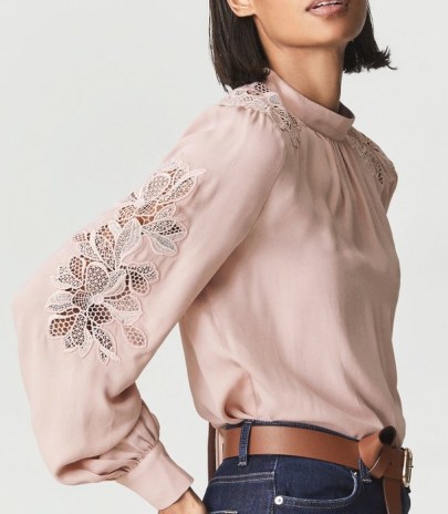 Reiss MORGAN FLORAL LACE SATIN TOP BLUSH – pink romance inspired tops – romantic style blouses – feminine fashion - flipped