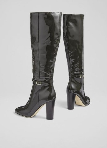 L.K. BENNETT MORGAN GREY PATENT LEATHER KNEE-HIGH BOOTS ~ womens vintage style block heel boots ~ women’s retro winter footwear - flipped