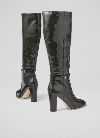 L.K. BENNETT MORGAN GREY PATENT LEATHER KNEE-HIGH BOOTS ~ womens vintage style block heel boots ~ women’s retro winter footwear