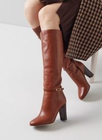 L.K. BENNETT MORGAN TAN CALF LEATHER KNEE BOOTS ~ brown knee high buckle detail boots