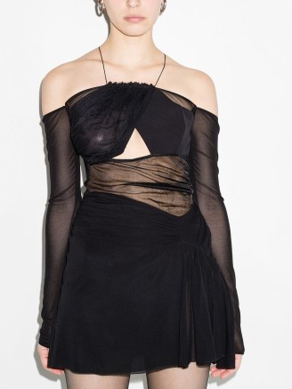 Nensi Dojaka halterneck semi-sheer mini dress in black – contemporary cut out dresses – deconstructed LBD – cutout fashion - flipped