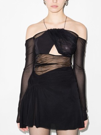 Nensi Dojaka halterneck semi-sheer mini dress in black – contemporary cut out dresses – deconstructed LBD – cutout fashion