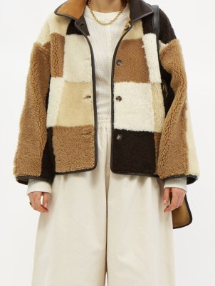 CAWLEY STUDIO Avis patchwork-shearling jacket ~ womens luxe tonal brown reversible jackets - flipped
