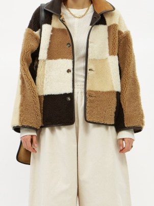 CAWLEY STUDIO Avis patchwork-shearling jacket ~ womens luxe tonal brown reversible jackets