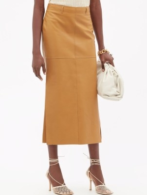 PETAR PETROV Rubi side-slit beige leather midi skirt ~ luxe light camel coloured skirts - flipped