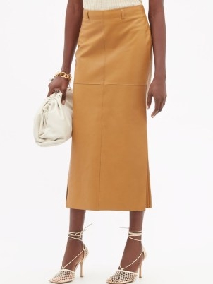 PETAR PETROV Rubi side-slit beige leather midi skirt ~ luxe light camel coloured skirts
