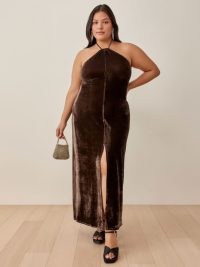REFORMATION Nyla Velvet Dress Es in Chestnut ~ brown strappy halterneck evening dresses ~ beautiful plus size party fashion