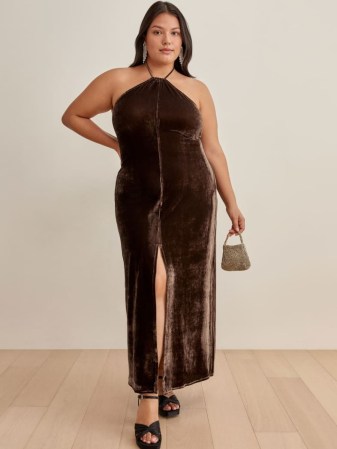 REFORMATION Nyla Velvet Dress Es in Chestnut ~ brown strappy halterneck evening dresses ~ beautiful plus size party fashion - flipped