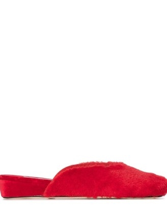 Olivia Morris At Home Petula teddy faux-fur slippers – womens red fluffy slippers - flipped