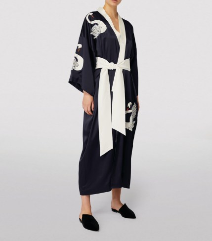 OLIVIA VON HALLE Silk Montague Long Queenie Kimono in Montague | swan embroidered kimonos | womens luxe robes - flipped
