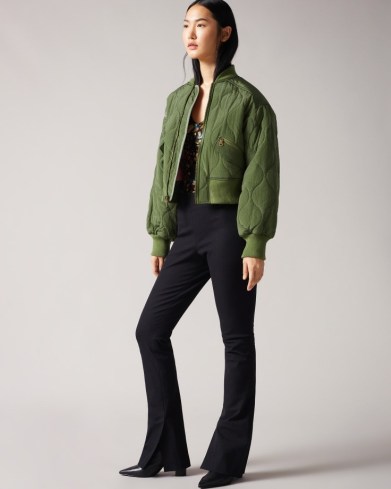 TED BAKER AELEXIS Onion Quilted Bomber Jacket Green ~ women’s oversized fit short length jackets ~ womens casual on-trend outerwear - flipped
