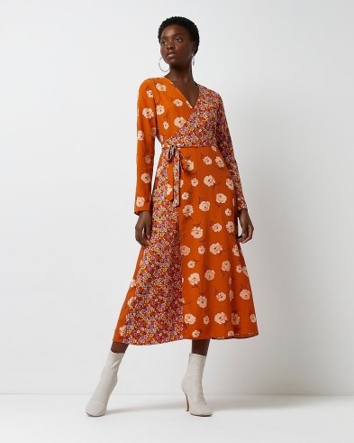 River Island ORANGE FLORAL WRAP MIDI DRESS | retro mixed print dresses | womens vintage style print fashion - flipped