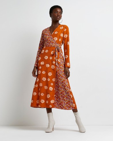 River Island ORANGE FLORAL WRAP MIDI DRESS | retro mixed print dresses | womens vintage style print fashion