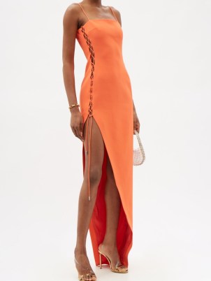 DAVID KOMA Lace-up side-slit crepe gown in orange / event glamour / glamorous party gowns / spaghetti strap evening occasion dresses / daring asymmetric split hem - flipped