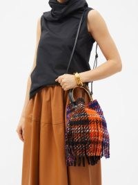 MARNI Pannier checked wool bucket bag ~ textured check print top handle bags ~ fringed handbags