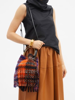 MARNI Pannier checked wool bucket bag ~ textured check print top handle bags ~ fringed handbags - flipped
