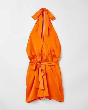 RIVER ISLAND ORANGE SATIN HALTER NECK PLAYSUIT / bright halterneck party playsuits / on-trend going out evening fashion - flipped