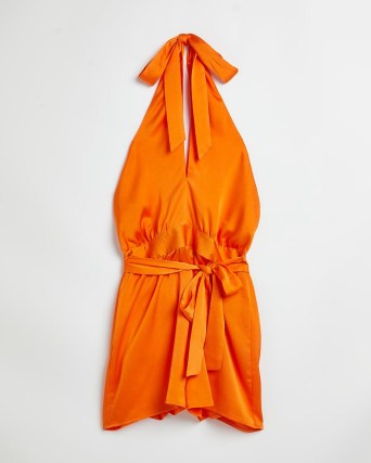 RIVER ISLAND ORANGE SATIN HALTER NECK PLAYSUIT / bright halterneck party playsuits / on-trend going out evening fashion